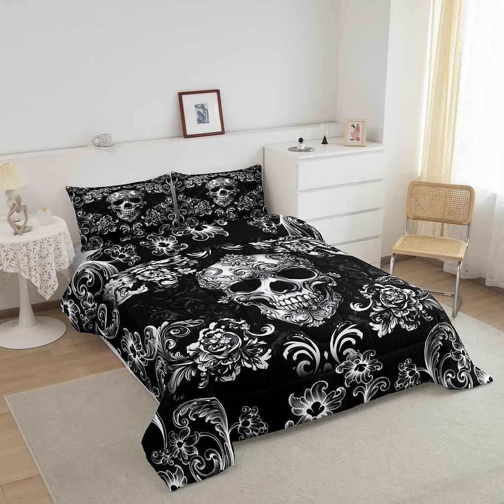Gothic Skull Bed Comforter Set Queen Size, Halloween Flower Skeleton Super Soft Microfiber Bedding Set for Adults