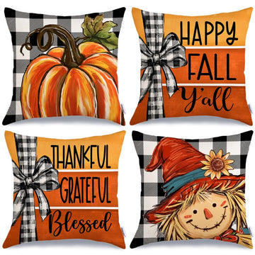 Fall Throw Pillow Covers 20x20 Inch Set of 4, Pumpkin Scarecrow Buffalo Plaid Orange Autumn Seasonal Decorative