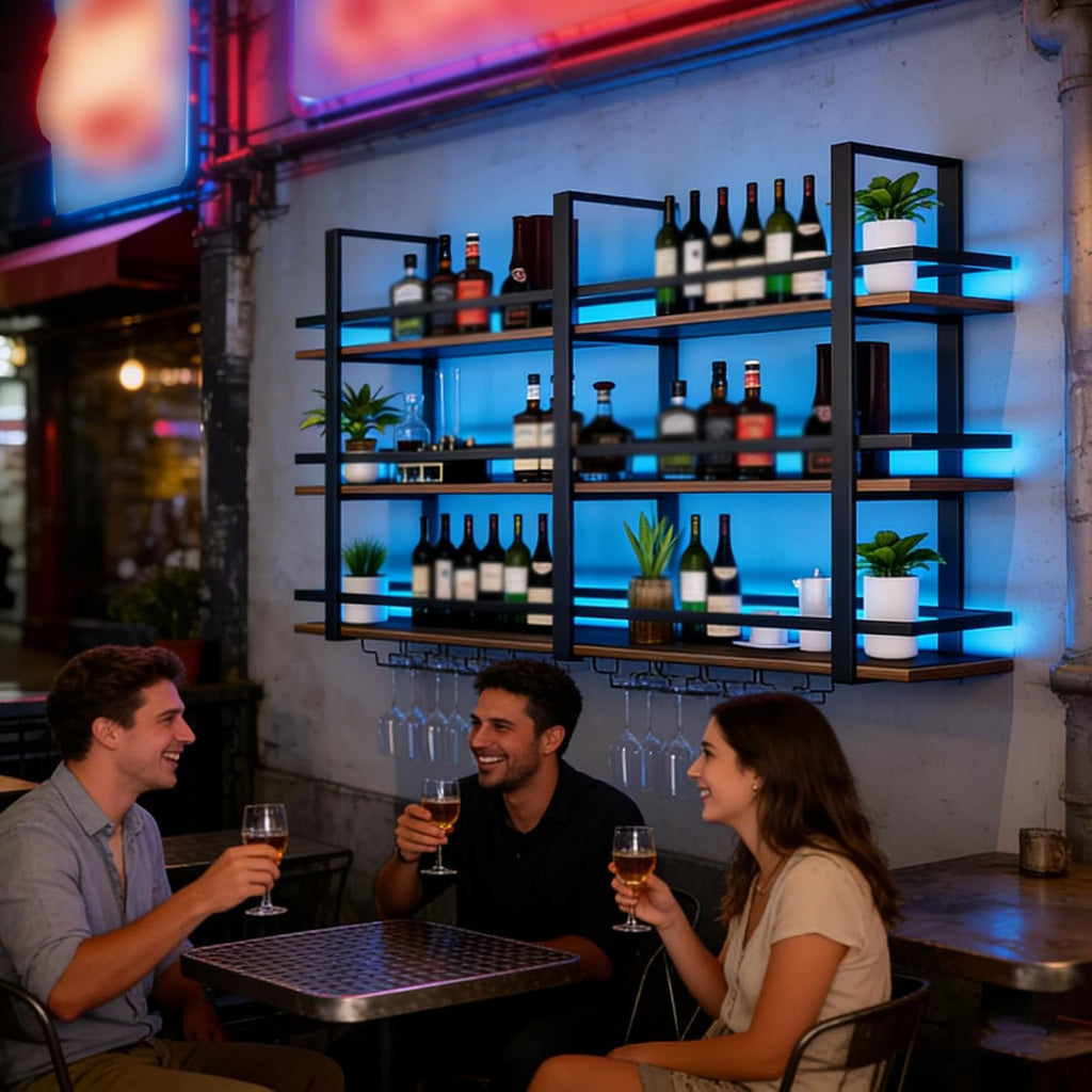 Wine Rack Wall Mounted with LED Lights, 3 Tier Metal Liquor Floating Display Shelves, with Wine Glass Rack, Iron &