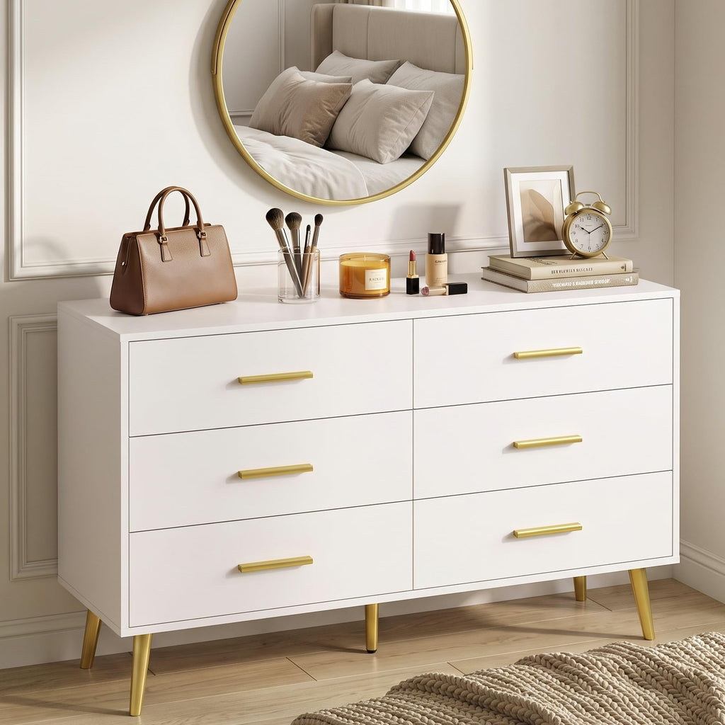 47" White Dresser with 6 Drawers & Modern Gold Handles