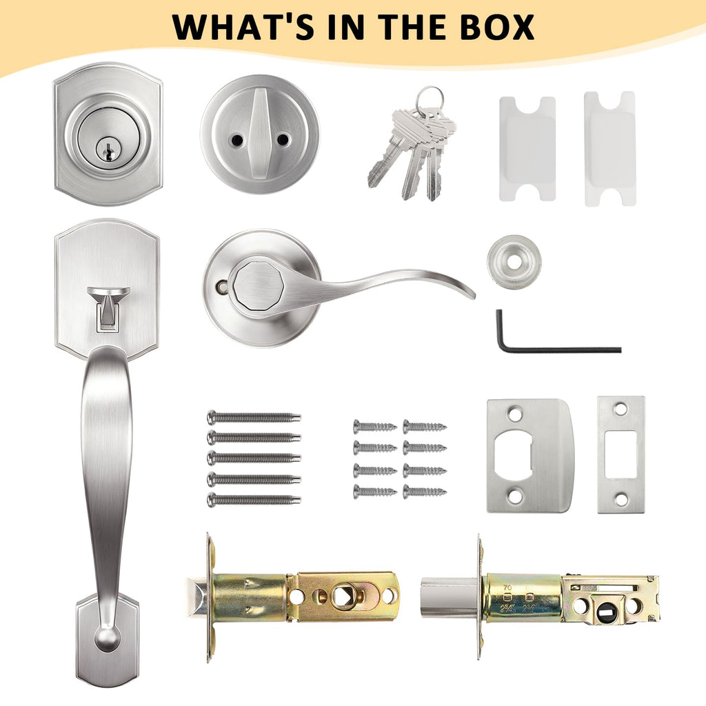 Front Door Lock Set Satin Nickel Door Handle Set, Entry Door Locksets with Deadbolt Single Cylinder Front Door Handle