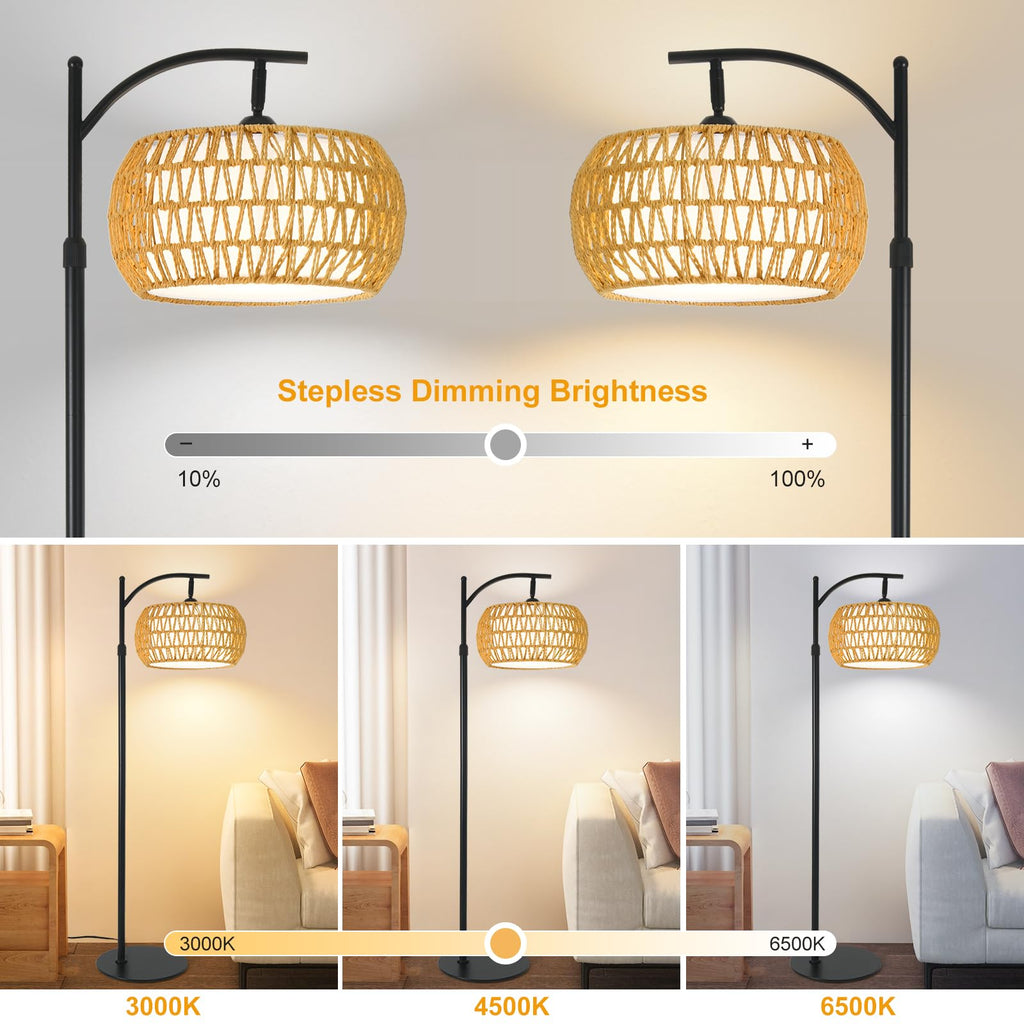 Black Boho Rattan Floor Lamp with Shade - Dimmable 12W LED, Remote & 3 Color Temps, Handwoven Arc Standing Light