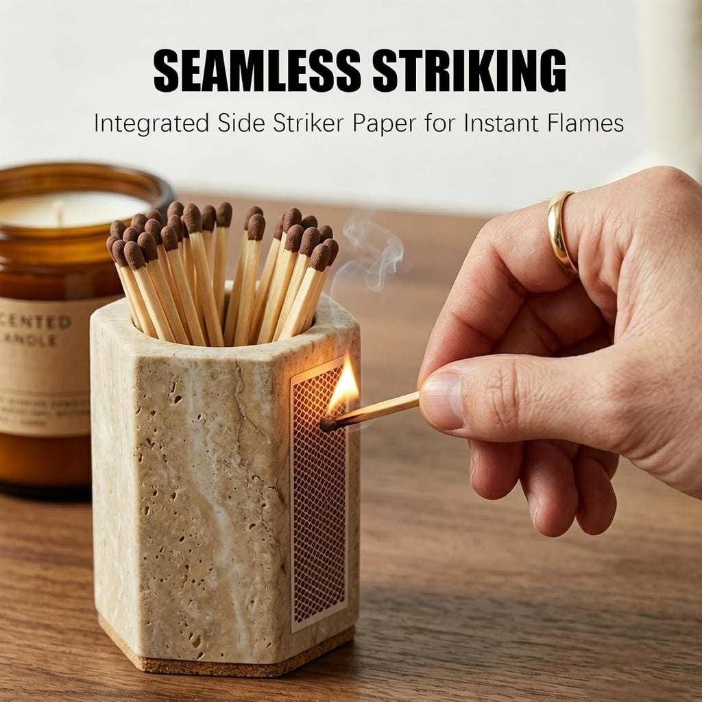 Hexagonal Travertine Match Holder with Striker, Large 3.2" x 2.6" Luxury Natural Stone Matches Jar with Cork Base