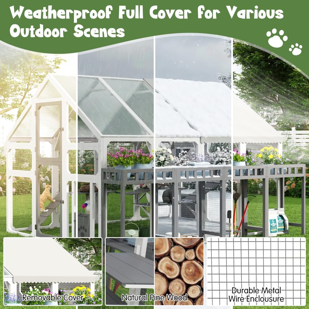 Large Outdoor Cat Enclosure with Planter Stand, Walk-in Catio, Pine Wood, Multi-Level Platforms, Waterproof Roof