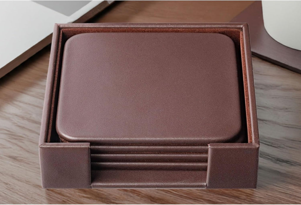Chocolate Brown Genuine Leather 4" Round Coaster Set