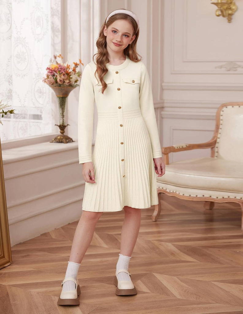 Girls Sweater Fall Dress Long Sleeve Knit Button Front Pleated A-Line Casual Winter Midi Dresses