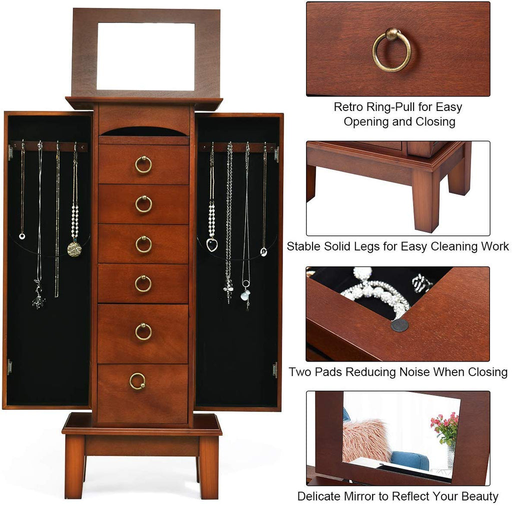 6 Drawers Jewelry Armoire Cabinet, Standing Jewelry Storage Chest with Mirror, 8 Necklace Hooks Wooden Jewelry