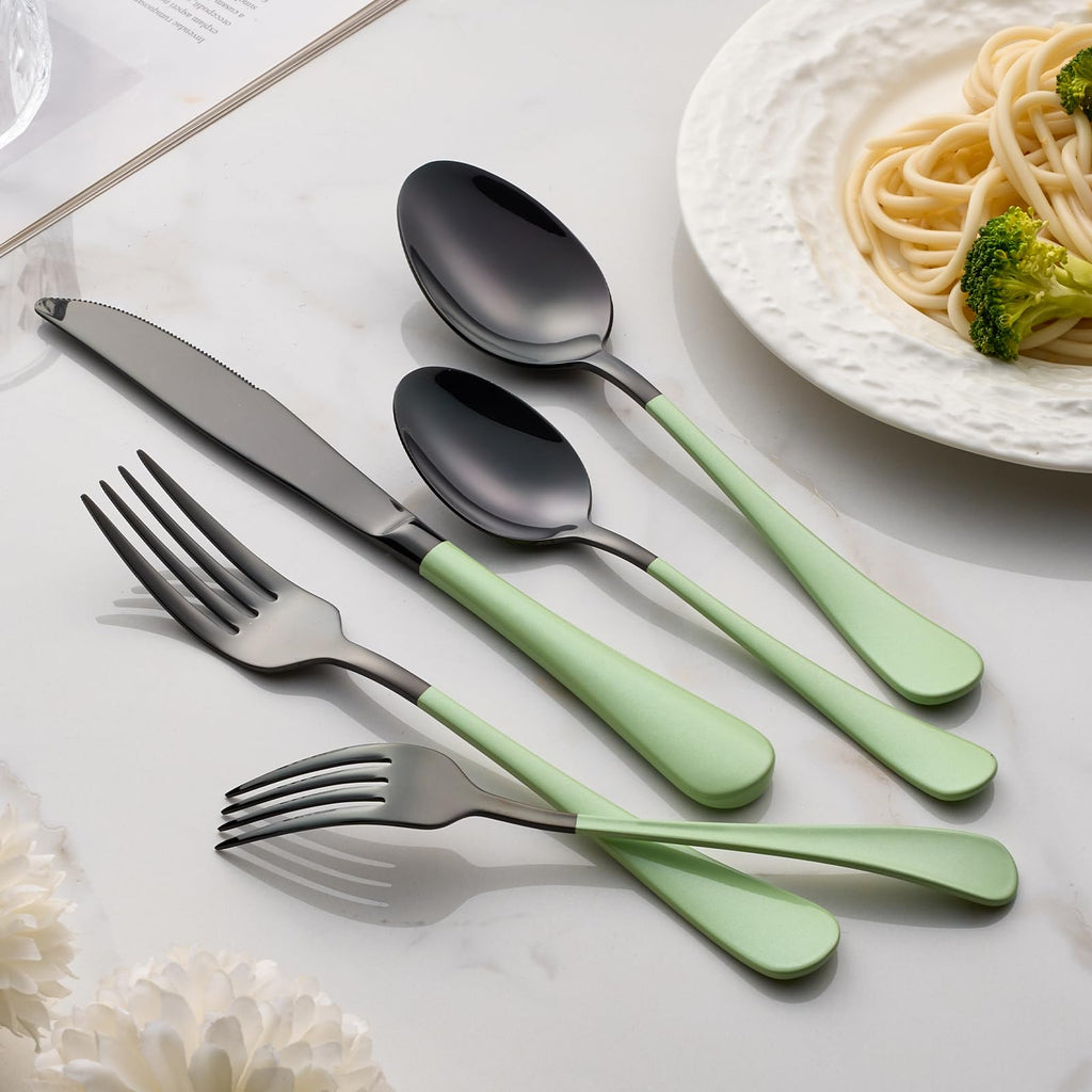 20-Pieces Green and Black Silverware Sets for 4,Green Handle Stainless Steel Cutlery Set, Include Forks Spoons and