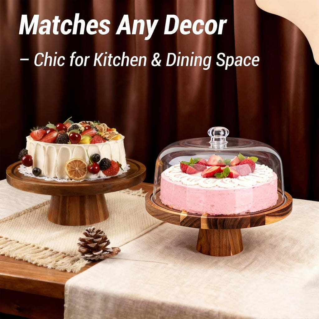 Acacia Wood Cake Stand with Lid | 12 Inch Wooden Cake Stand with Acrylic Dome & 2-in-1 Design | Multi-Purpose Dessert
