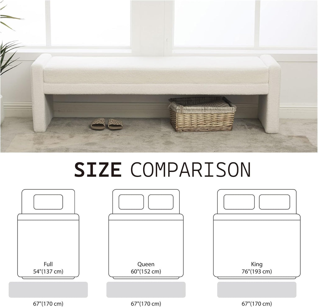 66.9" White Upholstered End of Bed Bench Fit Full/Queen/King Size Bed,Modern Under Window Bench,Rectangle Ottoman