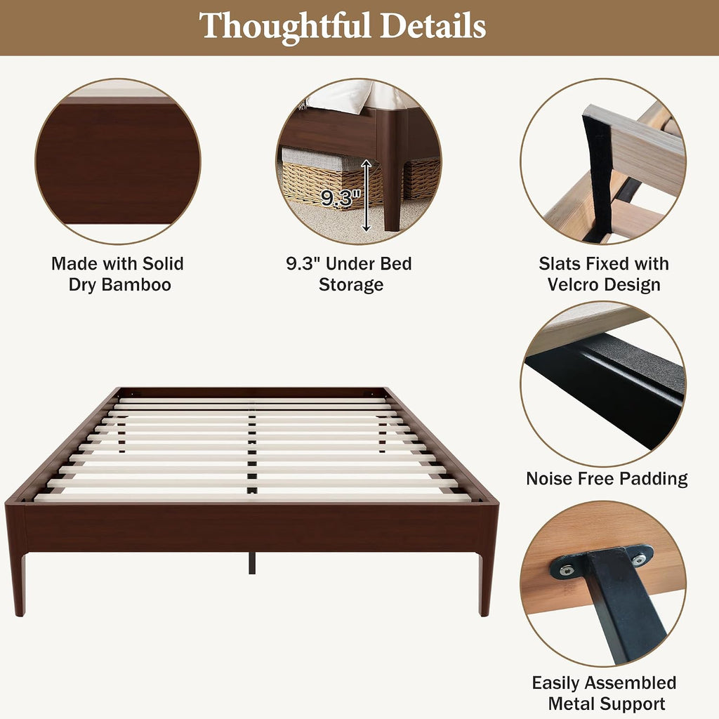 Full Size Japanese Wooden Bed Frame, Mid-Century Chocolate Wood Low Platform Bed, 9 inch Low Under Bed Storage