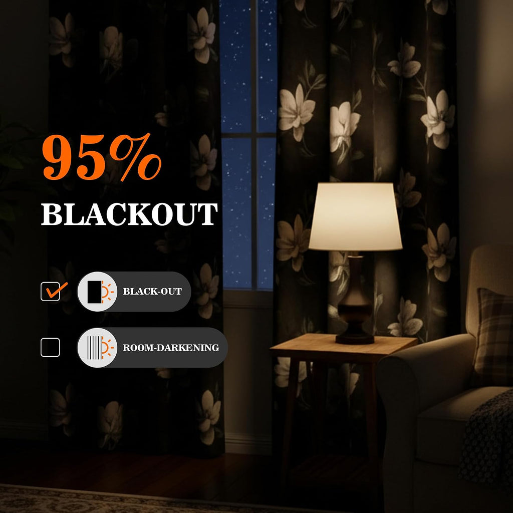 Floral 95% Blackout Curtains 2 Panels Light Grey