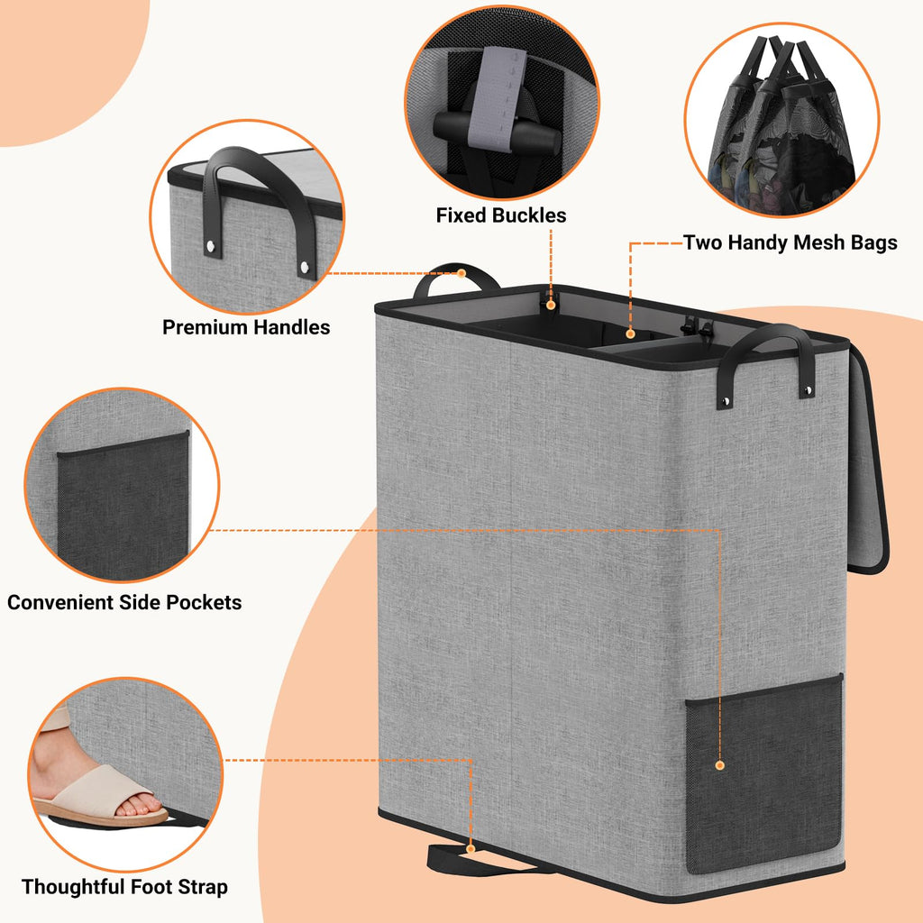 155L 2 Section Laundry Hamper with Lid, Laundry Basket, Gray