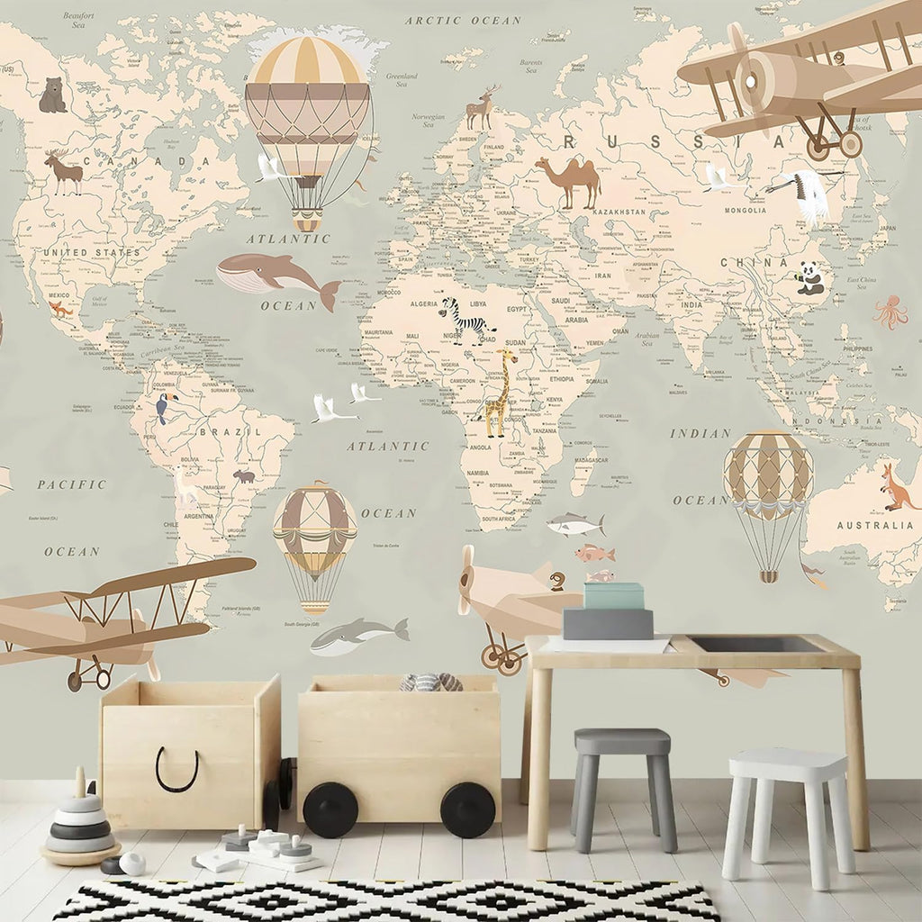 Vintage Animal Wallpaper Cartoon Aircraft Map wall murals for Kids Room 159"x107"(Not Peel and Stick)