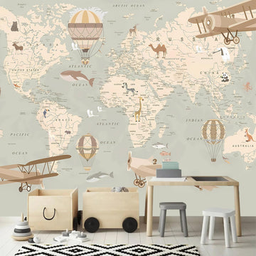 Vintage Animal Wallpaper Cartoon Aircraft Map wall murals for Kids Room 114"x74"(Not Peel and Stick)
