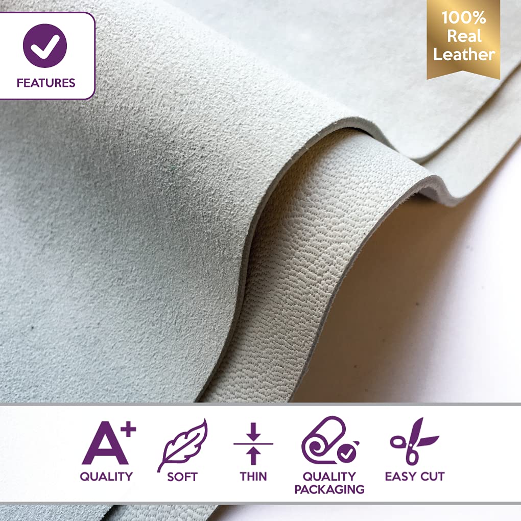 Real White Suede Leather Material: Genuine Leather Sheet for Crafts, Sewing, and Jewelry Making (White, 18x24In