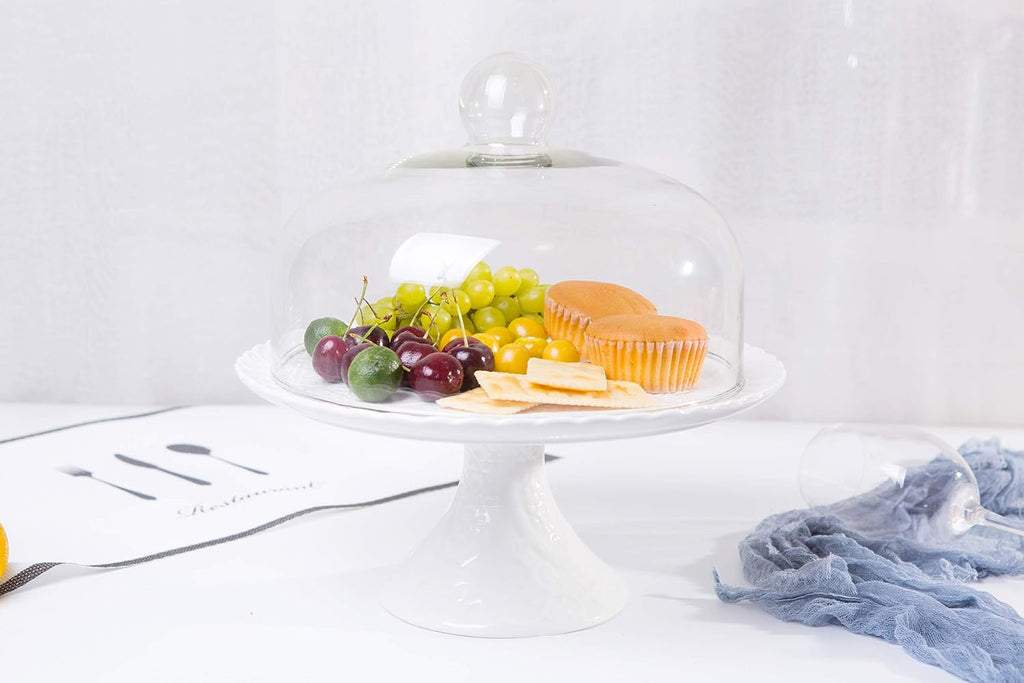 12 Inches White Porcelain Cake Stand-Cupcake Stand with Glass Dome