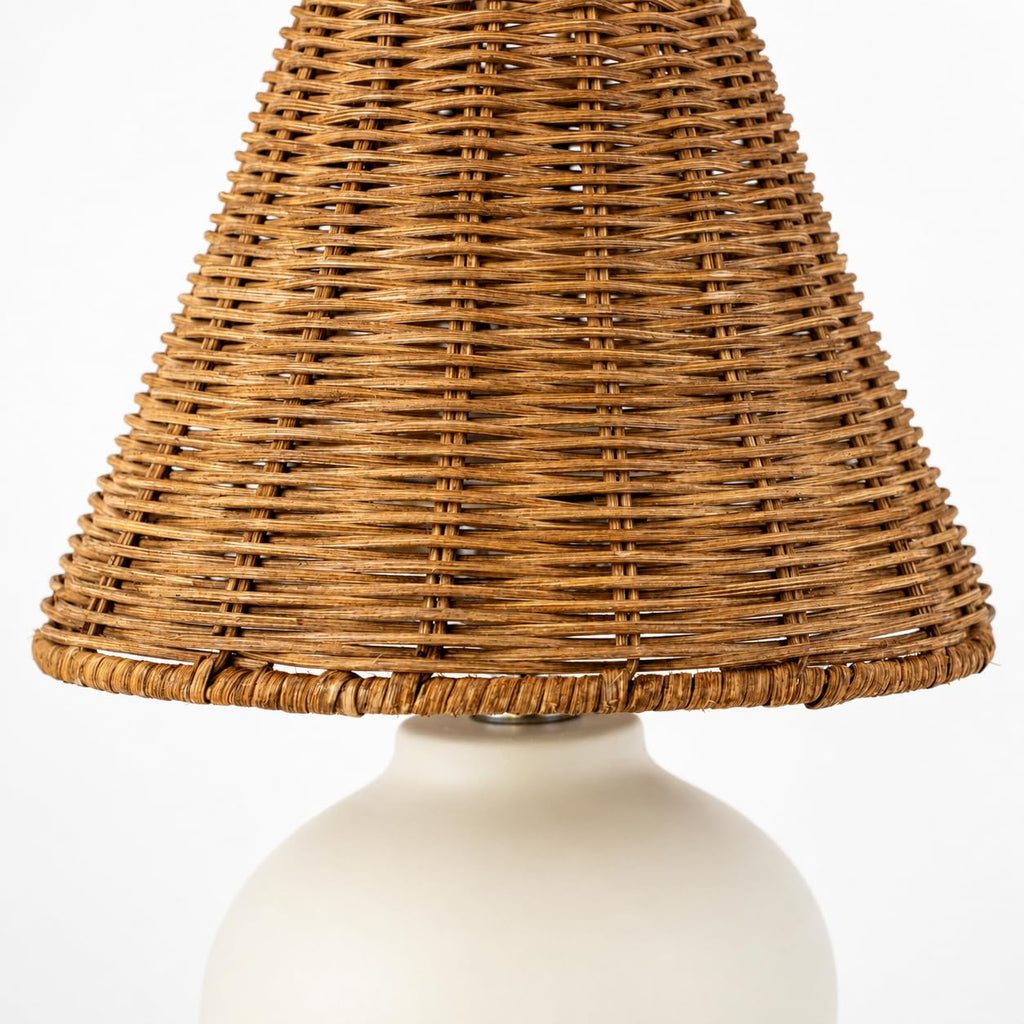 11" Small Table Lamp - Handmade Ceramic Cream Base with Wicker Rattan Shade, Dimmable Plug-in Nightstand Light
