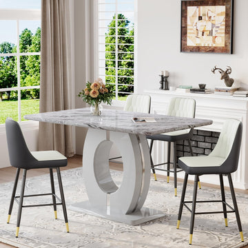63'' Marble Dining Table Set for 4, Modern Counter Height Dining Table Set, Grey High Top Table with Leather Bar