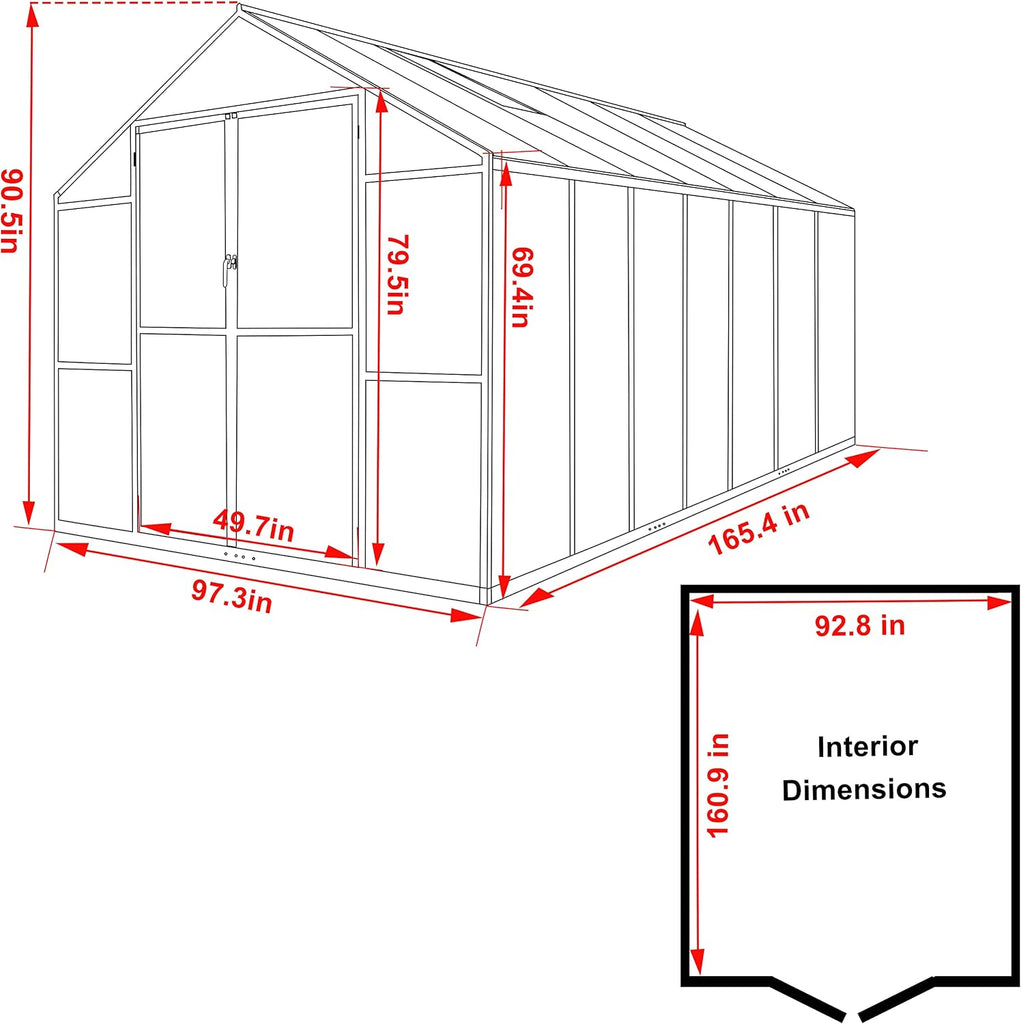 8x14FT Greenhouse for Outdoors, Aluminum Greenhouses with Adjustable Vents,Lockable Door, Heavy Duty Greenhouse Kit