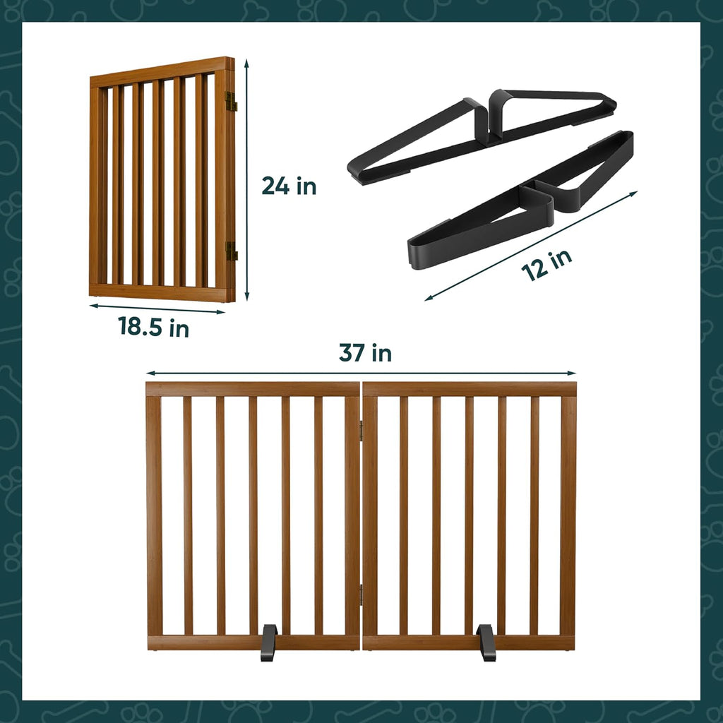 Dog Gate Indoor 2-Panel Freestanding Puppy Gates for The House with 2 Metal Stands 24" H Folding Wood Pet Gate