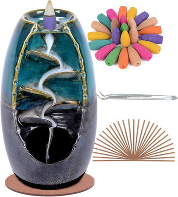 Ceramic Backflow Incense Holder Waterfall Incense Burner, Blue - Set of 150