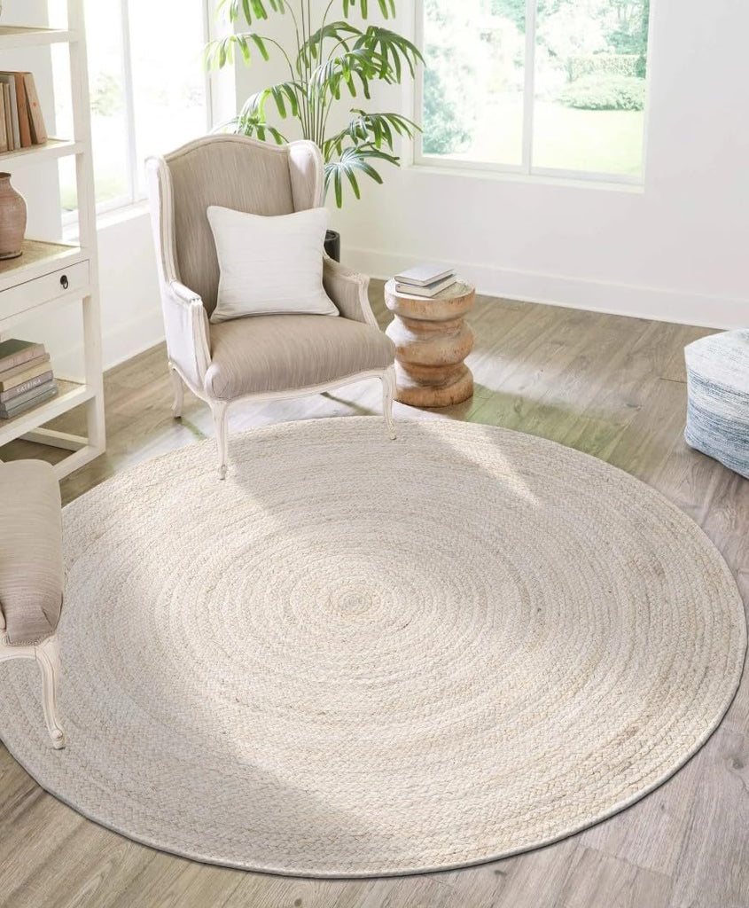 Handwoven Jute Area Rug - Off-White Round Rustic Vintage Braided Reversible Rug - Eco Friendly Rug - Kitchen - Living