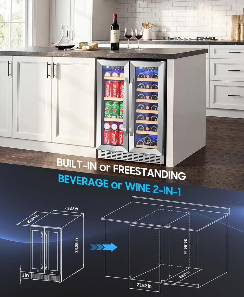 Wine and Beverage Refrigerator with Glass Door, 24-Inch Dual Zone Wine Fridge Un