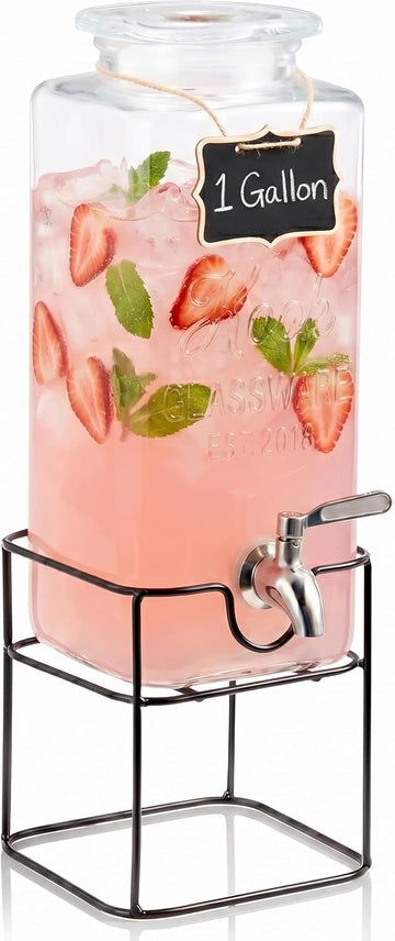 Glass Drink Dispenser, with Stand, 1 Gallon, Serves 15 Cups, Leak-Proof Stainless Steel Spigot, Beverage Storage