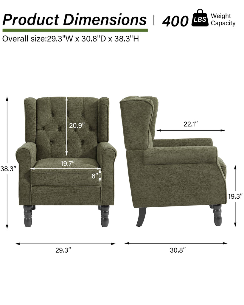 Chenille Wingback Accent Chair, Tufted High Back Armchair, Green