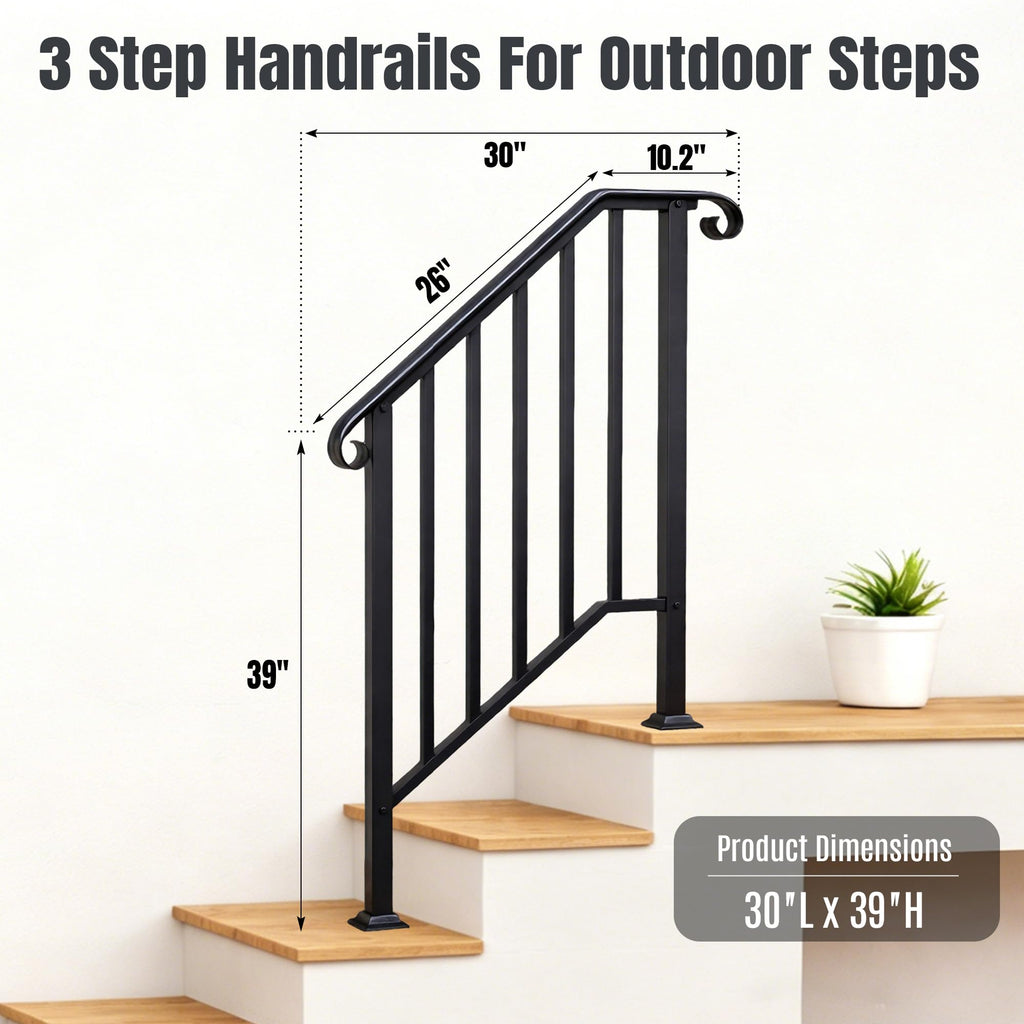 2 Pack 3 Step Handrails for Outdoor Steps, Wrought Iron Stair Railing Fits 2 or 3 Steps, Metal Hand Rail with