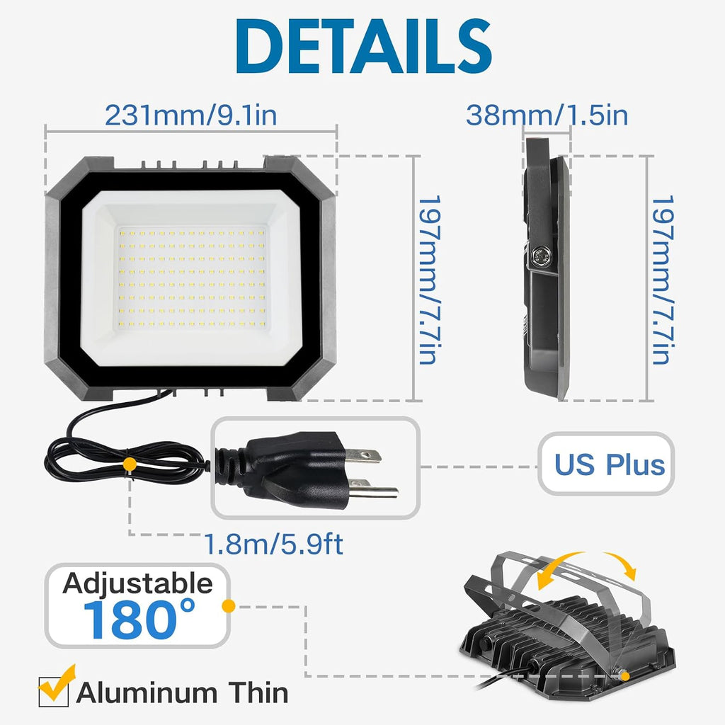 4 Pack LED Flood Lights Outdoor, 100W 10000LM Super Bright Floodlight Outside Work Light with 5.9FT Plug, IP65