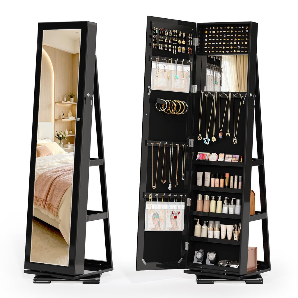 360° Rotating Jewelry Armoire with Full-Length Mirror and Interior Makeup Mirror, Lockable Standing Jewelry Cabinet
