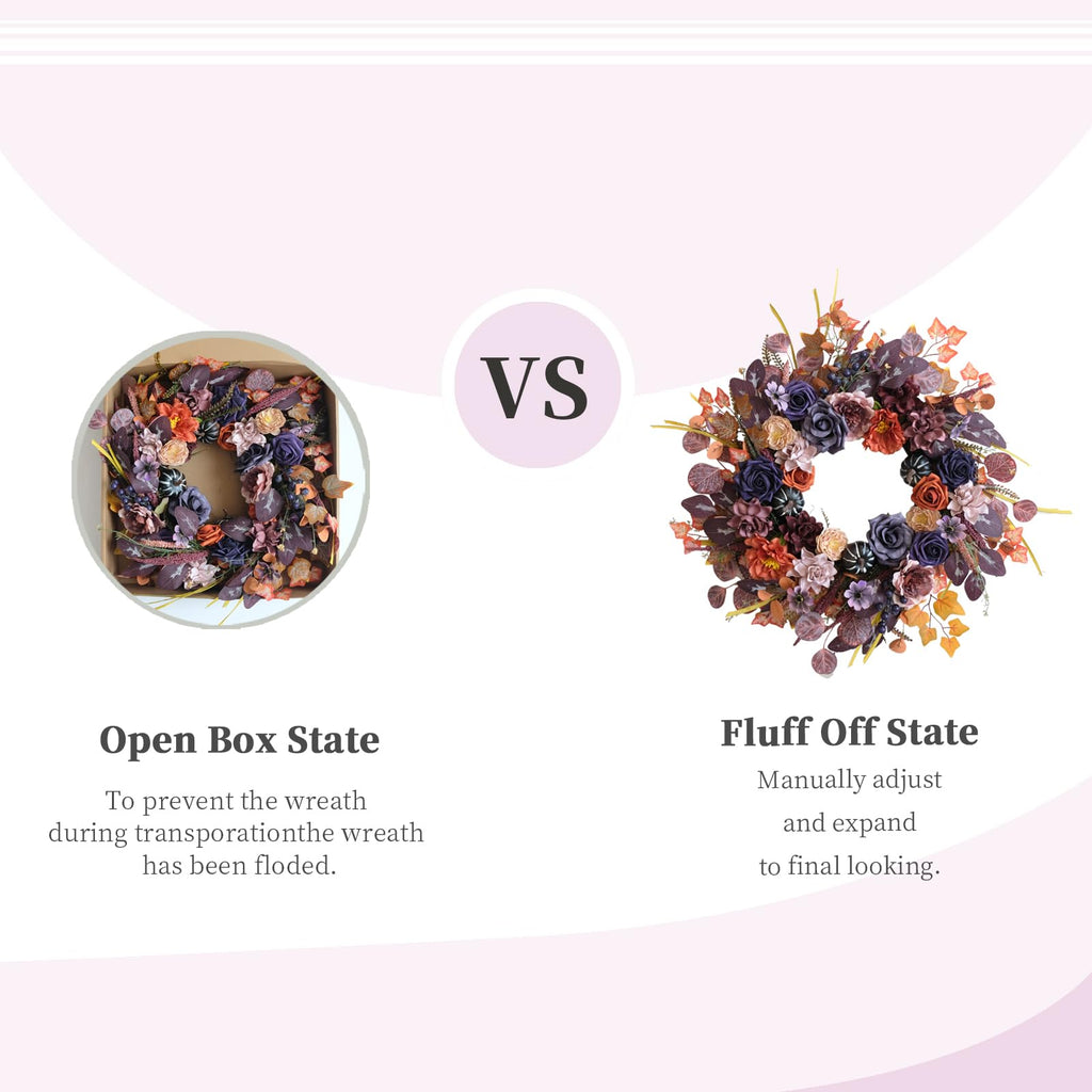 24inch Fall Wreaths for Front Door, Autumn Wreath with Purple Rose Orange Peony Eucalyptus Leaves, Farmhouse Wreaths