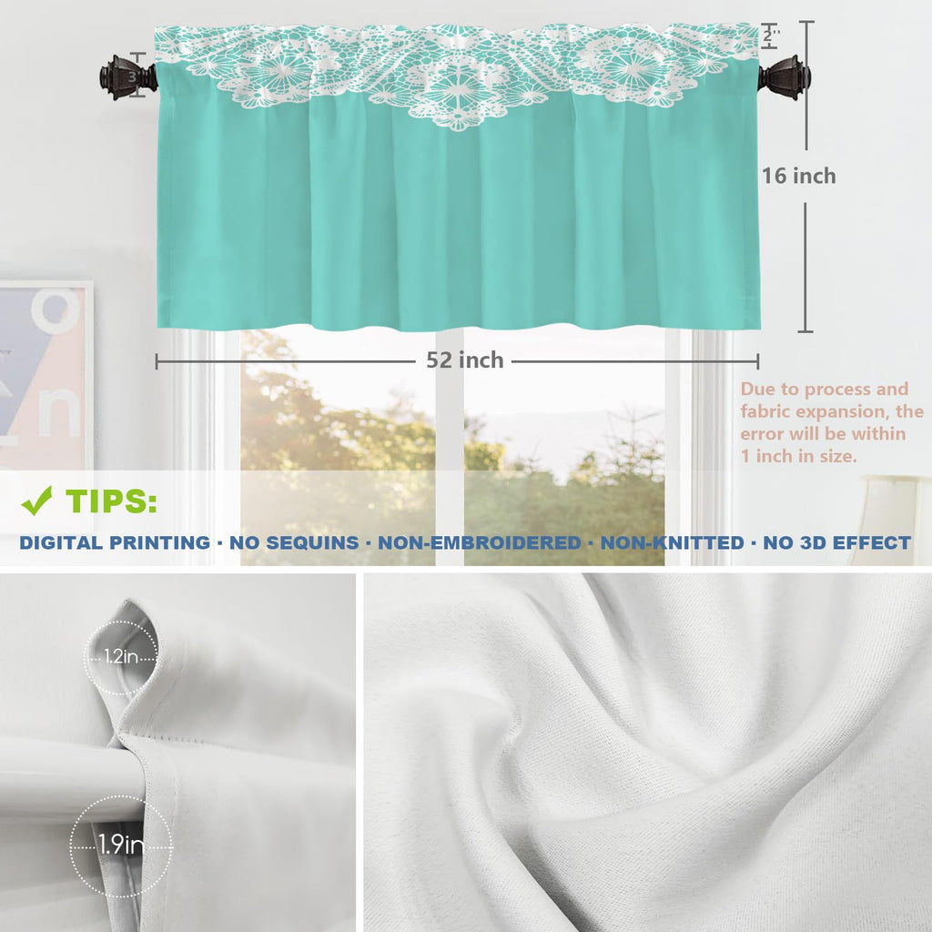 Robin's Egg Blue Turquoise Blackout Short Curtains for Windows, White Floral Lace Pattern Kitchen Valance Thermal