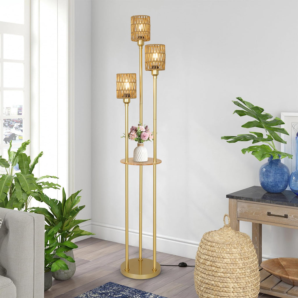 Boho Floor Lamp with Shelves, 3-Lights Farmhouse Tall Floor Lamp with ON/Off Foot Switch, Gold Modern Floor Lamps