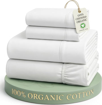 Queen Sheets 100% Organic Cotton 4pc Percale Cooling - White | Queen Sheet Set, GOTS Certified Organic Cotton Percale