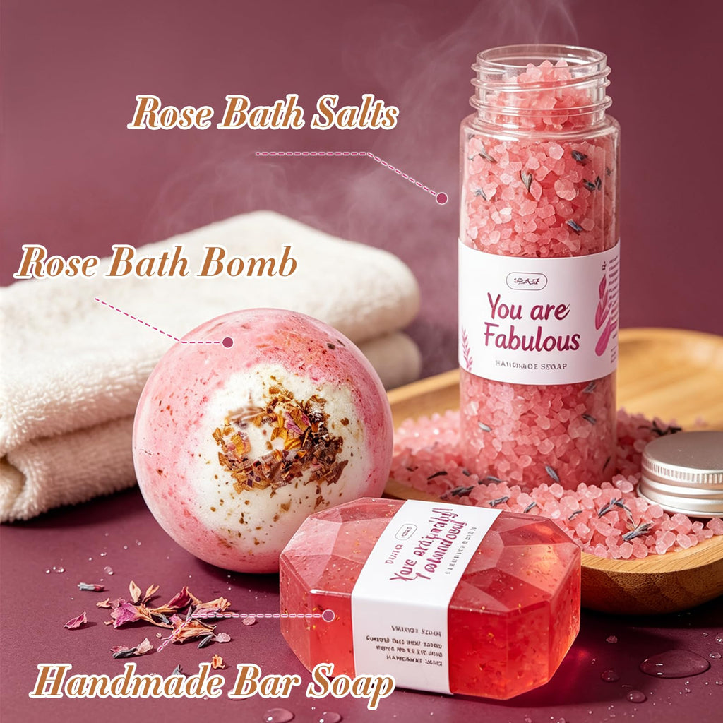 Spa Gifts for Women 7 Pcs Home Spa Kit Rose Gifts for Woman, Spa Gift Baskets Self Care Gifts Spa Gift for Women