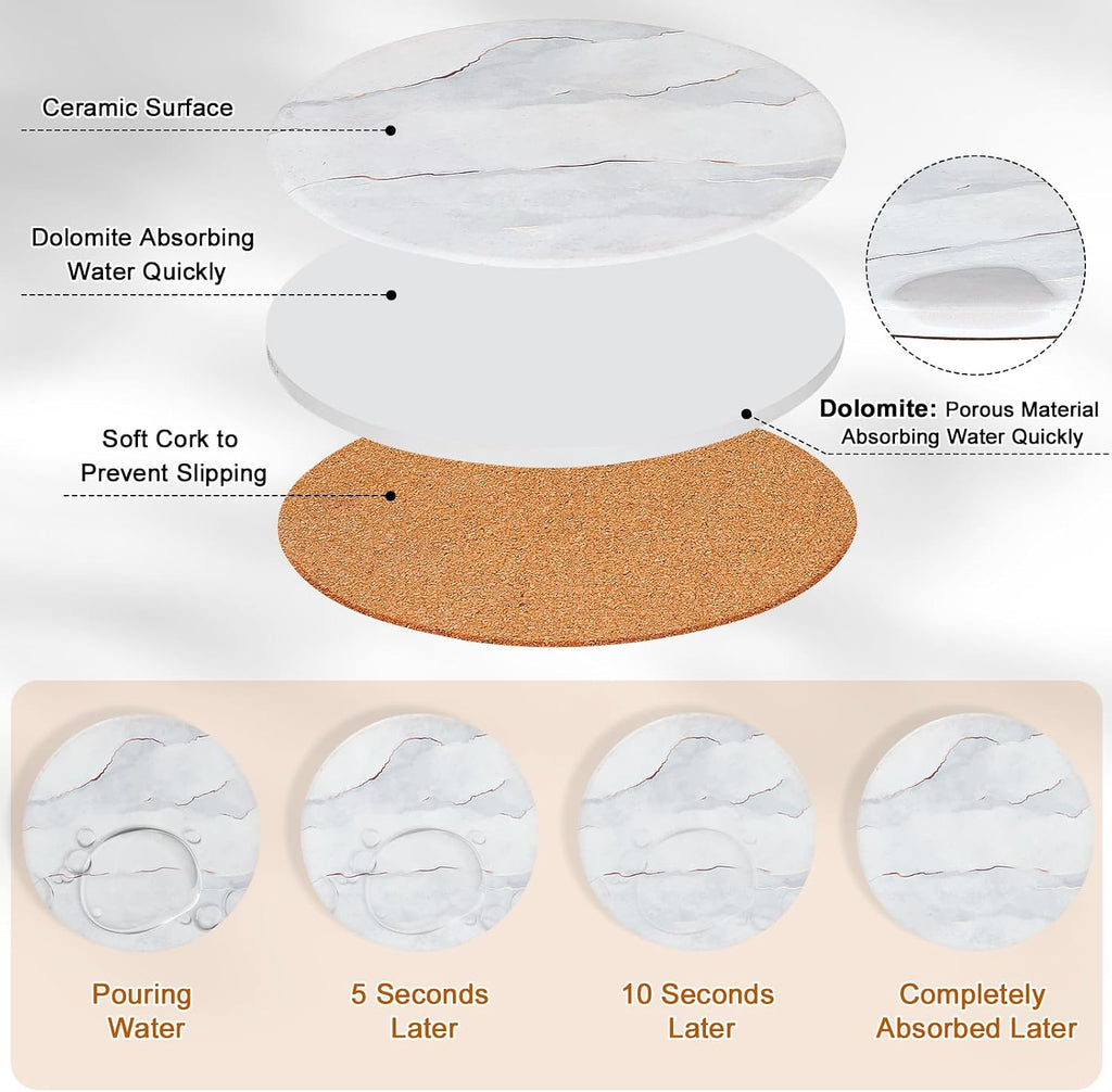 6-Pcs 4'' Ceramic Marble Style Trivet with Holder, Absorbent Trivets for Hot Dishes, Cork Bottom Anti-Slip Trivet