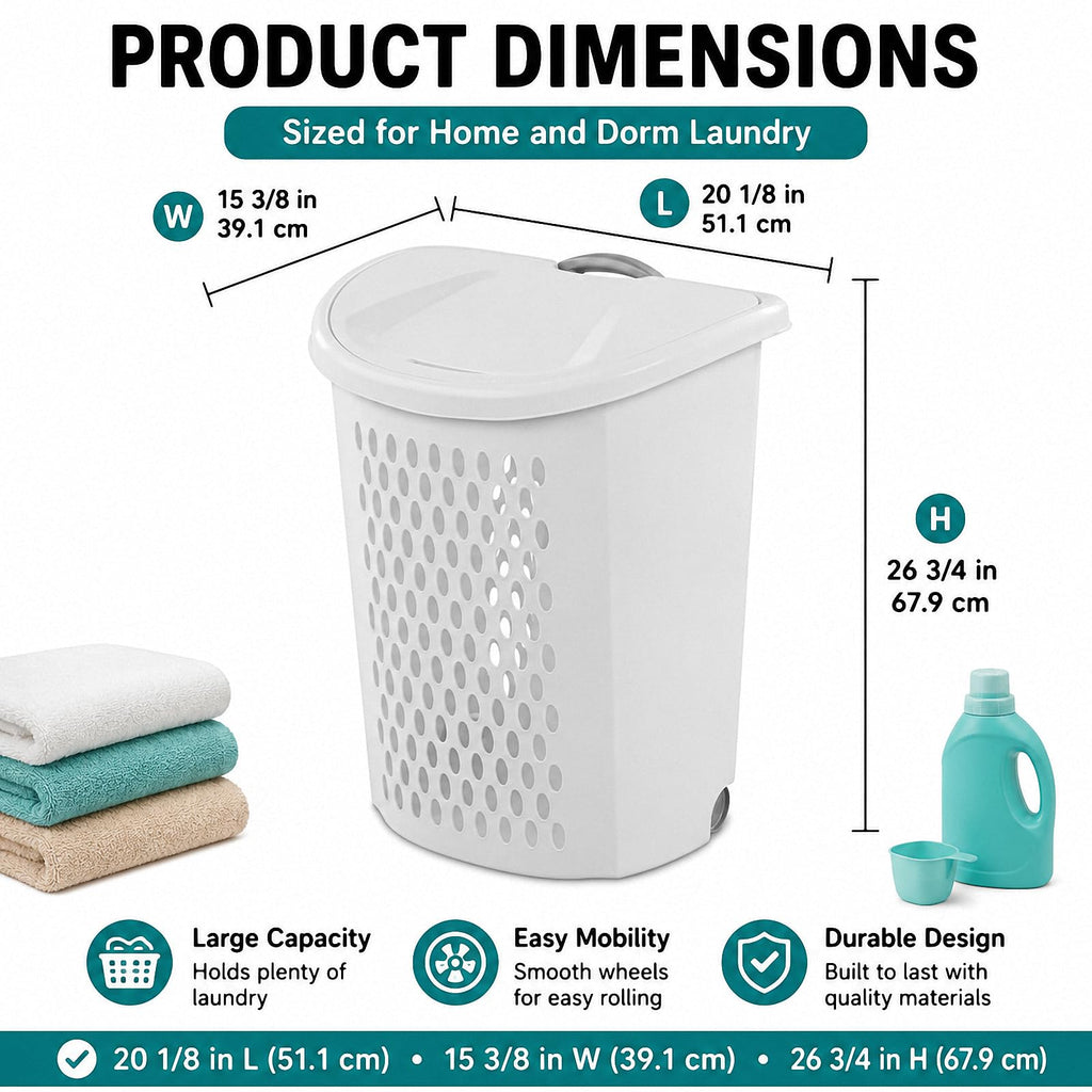 Rolling Laundry Hamper with Wheels & Handle, Plastic Basket with Lid, 135L