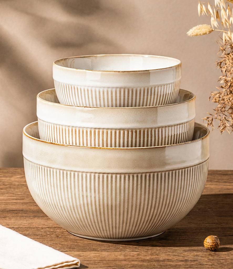 Ceramic Mixing Bowls Set of 3, Stoneware Nesting Serving Bowls | 45/90/150 oz For Prep, Baking, Serving, Gift