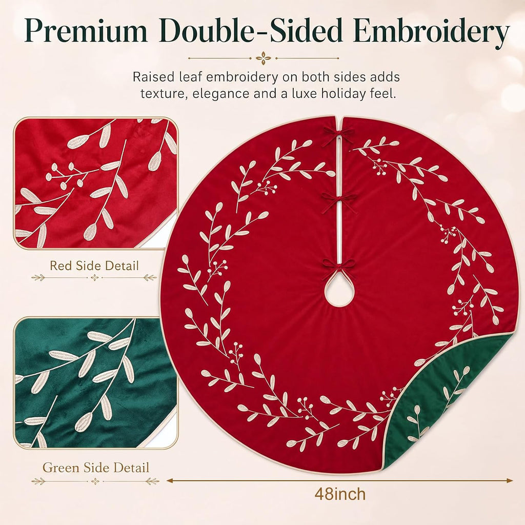 Velvet Christmas Tree Skirt 48'' Double Sided Red Green Vintage