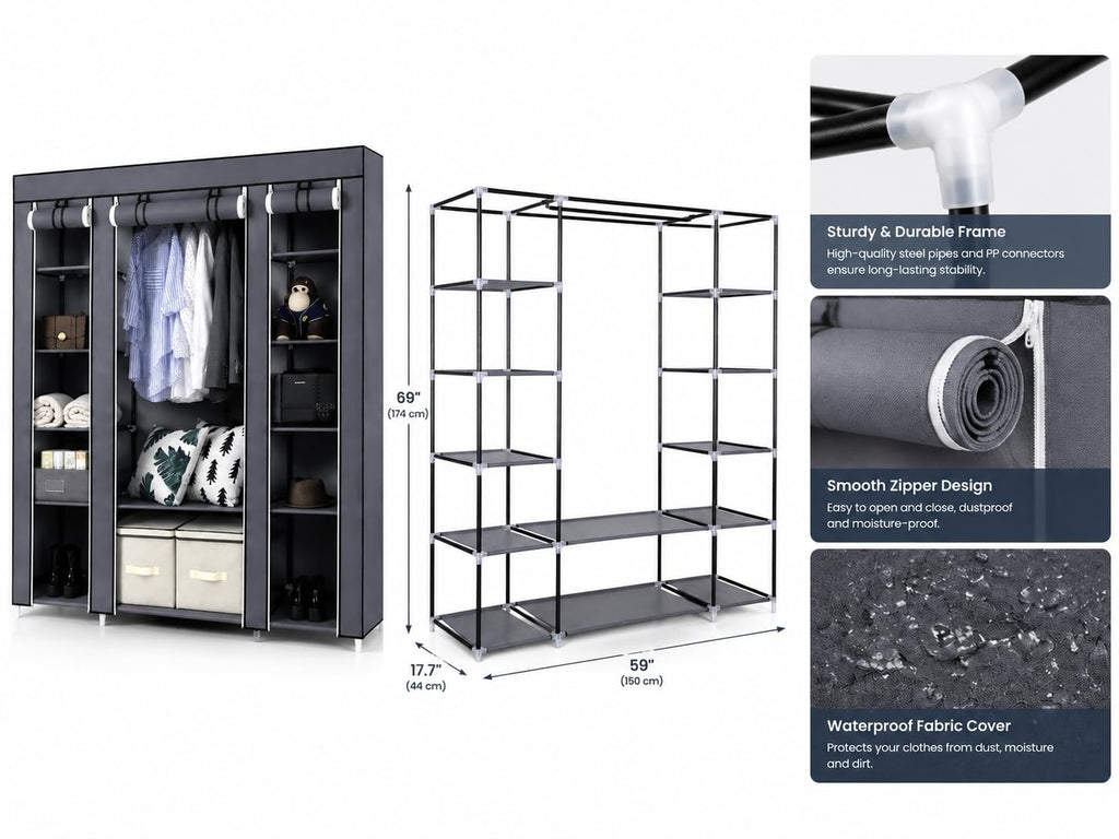 69" Heavy Duty Portable Closet Storage Organizer, 12-Tier Fabric Wardrobe with Hanging Rod, Thickened Steel Tubes &