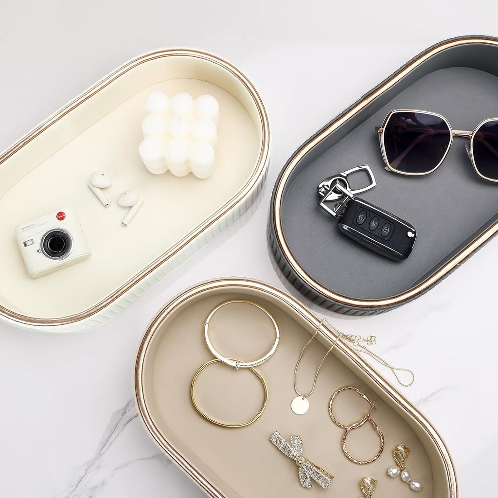 Oval Vanity Tray Perfume Organizer, PU Leather Valet Jewelry Trays Nightstand Organizer Key Bowl Trinket Dish