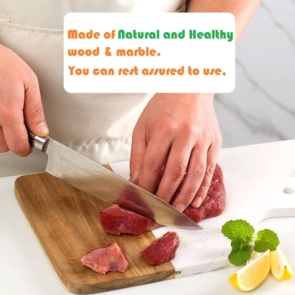 Cutting Board with Marble and Natural Wood,Serving Board for Steak Fruits with Handle,Chopping Board for Bread as