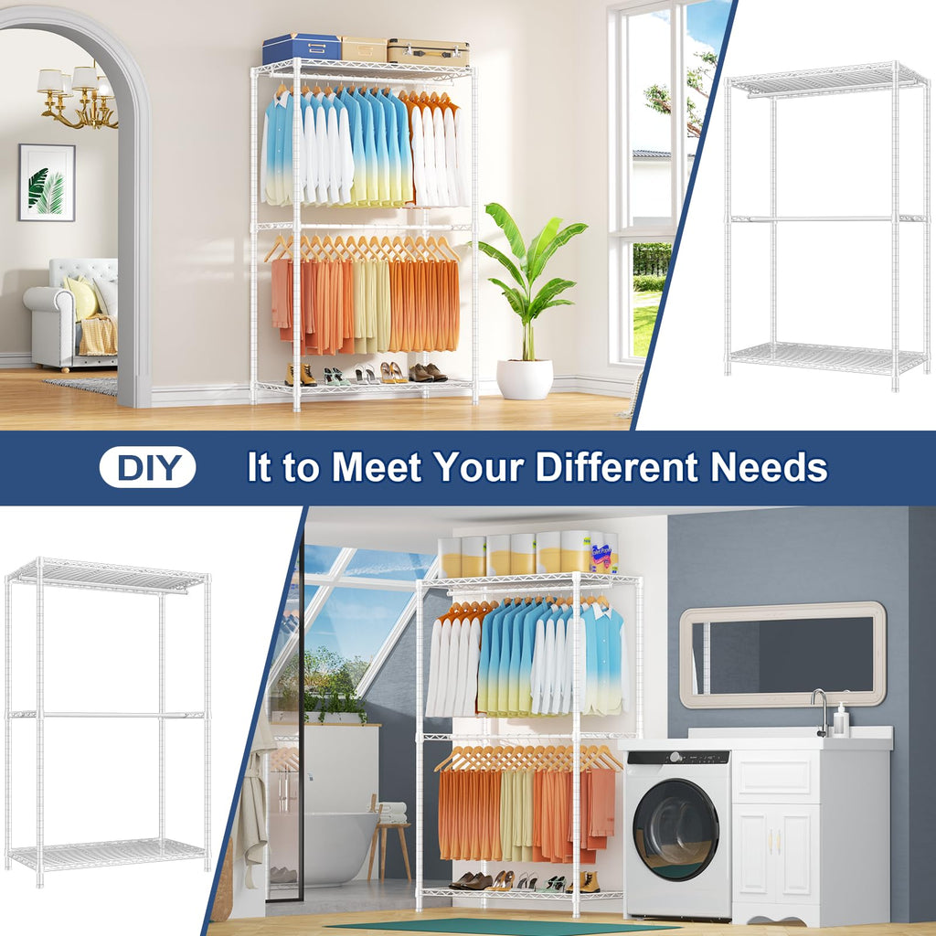 E12 Max Clothes Rack, Heavy Duty Freestanding Garment Rack with Shelves, Clothing Closet Storage System for Hanging