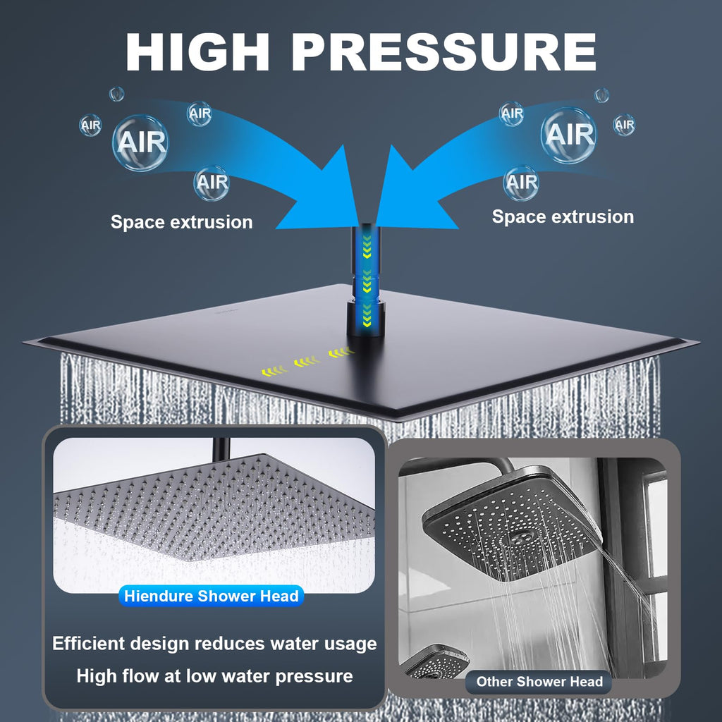 Shower Head,16 Inch Ultra Thin High Pressure Fixed Rain Showerhead Matte Black with Silicone Nozzle - Adjustable