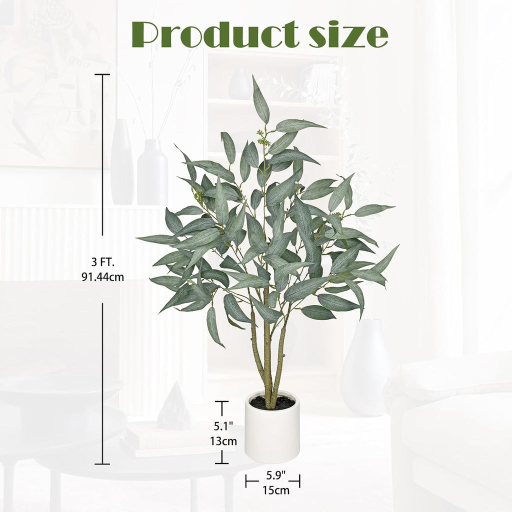 Eucalyptus Trees Artificial Indoor - 3FT Tall Faux Eucalyptus Plants in White Planter, Fake Plant Décor for Farmhouse - Set of 3