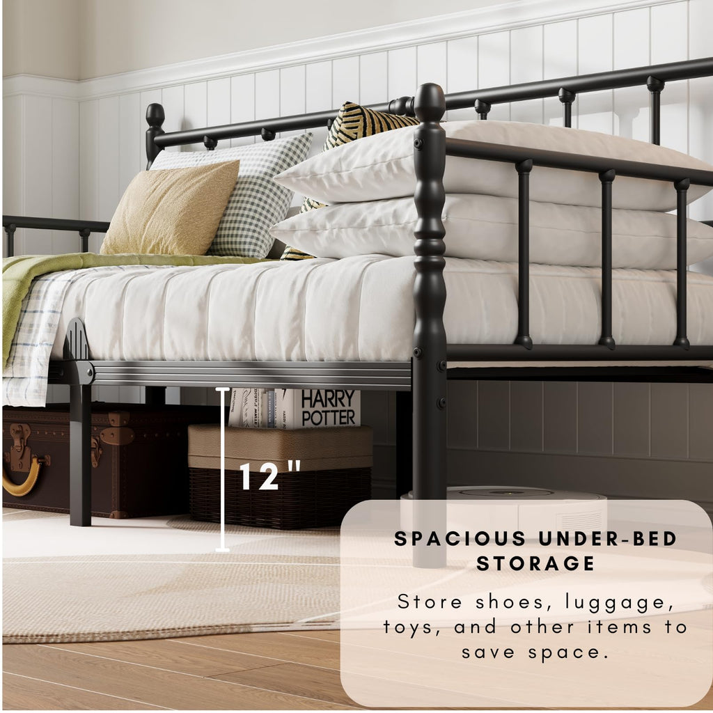 14 Inch Classic Twin Daybed, Metal Sofa Bed with Storage, Black