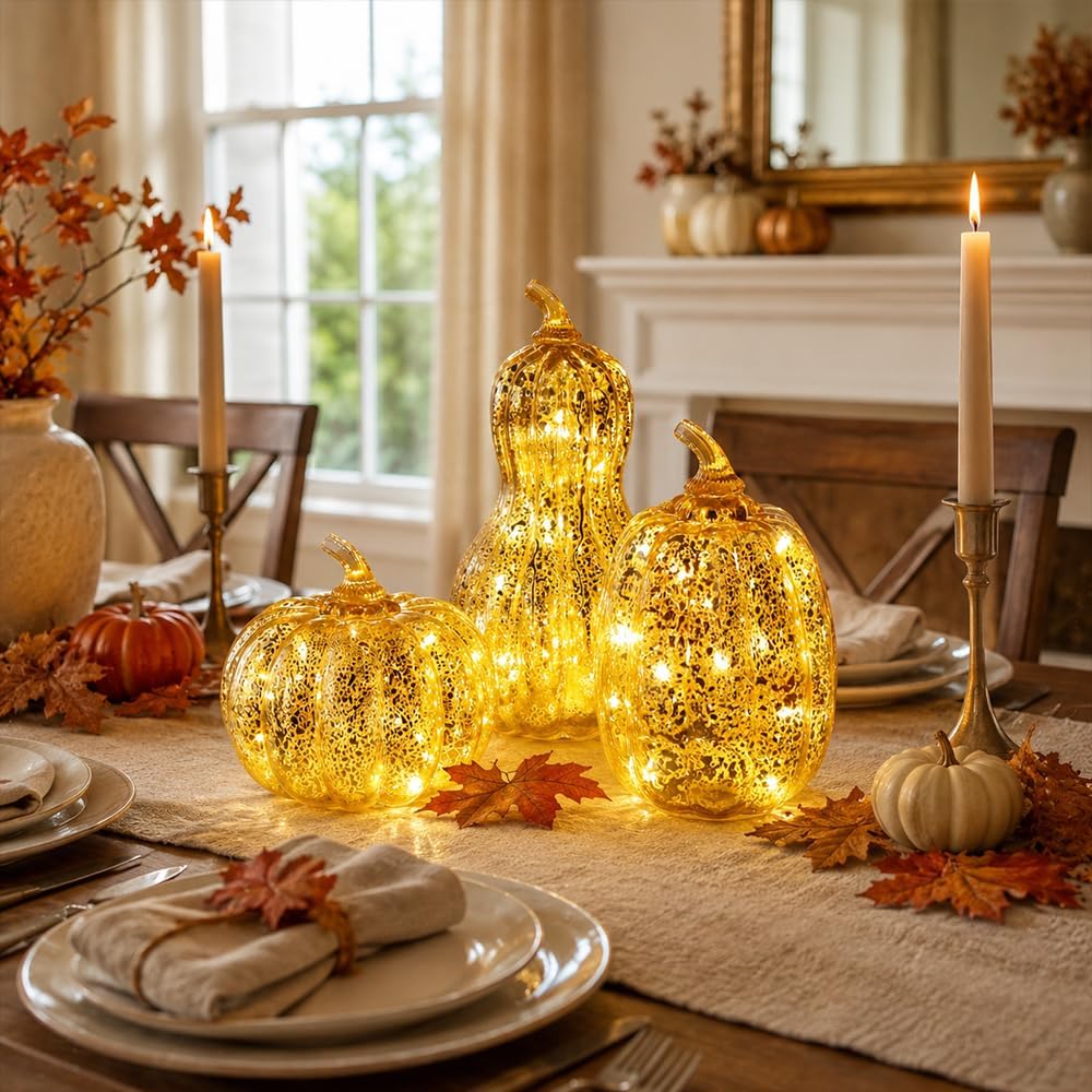 Lighted Glass Pumpkin Decor, Set of 3 Gold Mercury Glass Pumpkins with Lights and Timer for Fall Thanksgiving